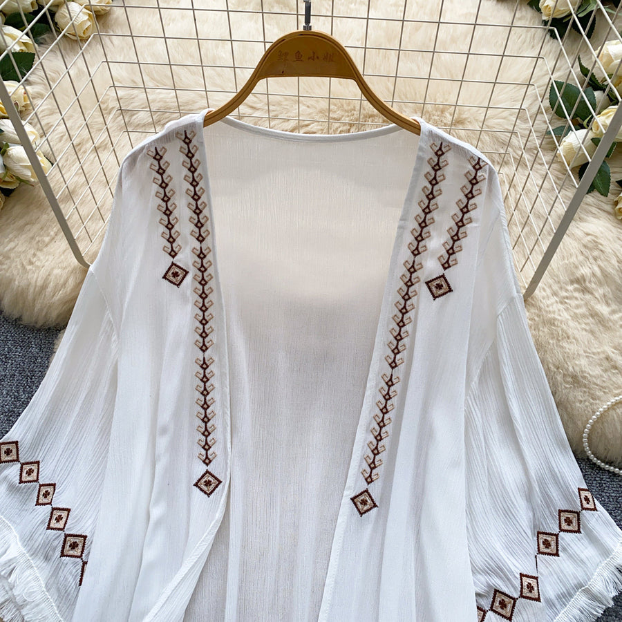 Embroidered Loose-Fit Elegant Blouse With Tassels