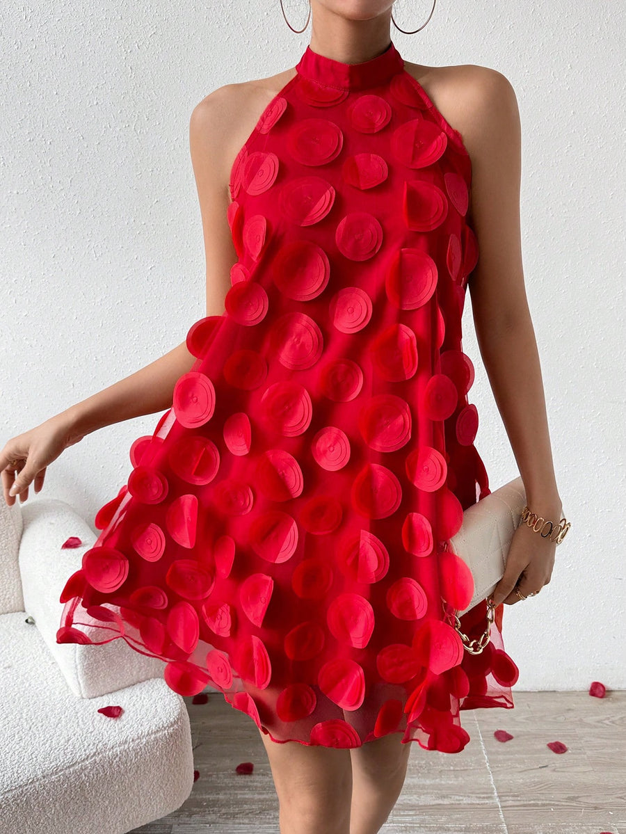 Three-dimensional Floral Halter-neck Evening Dress