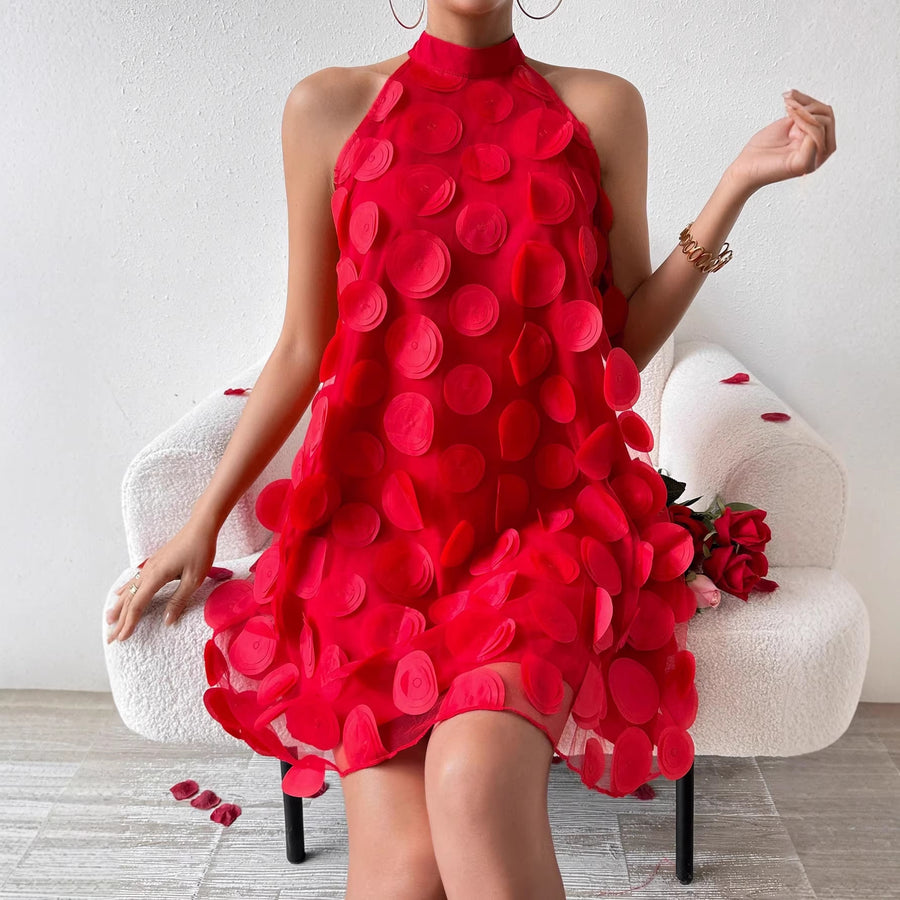 Three-dimensional Floral Halter-neck Evening Dress