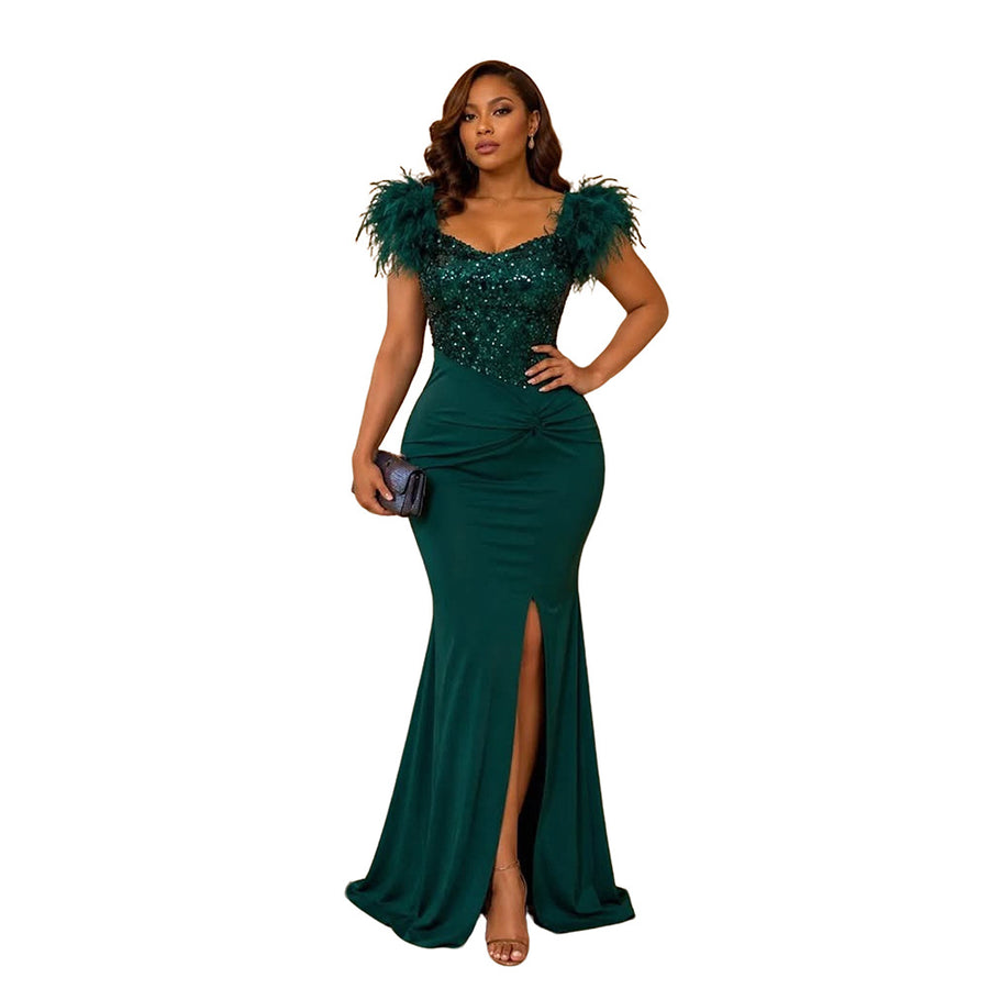 Fashionable Feather-and-Bead Patchwork Dress for Women