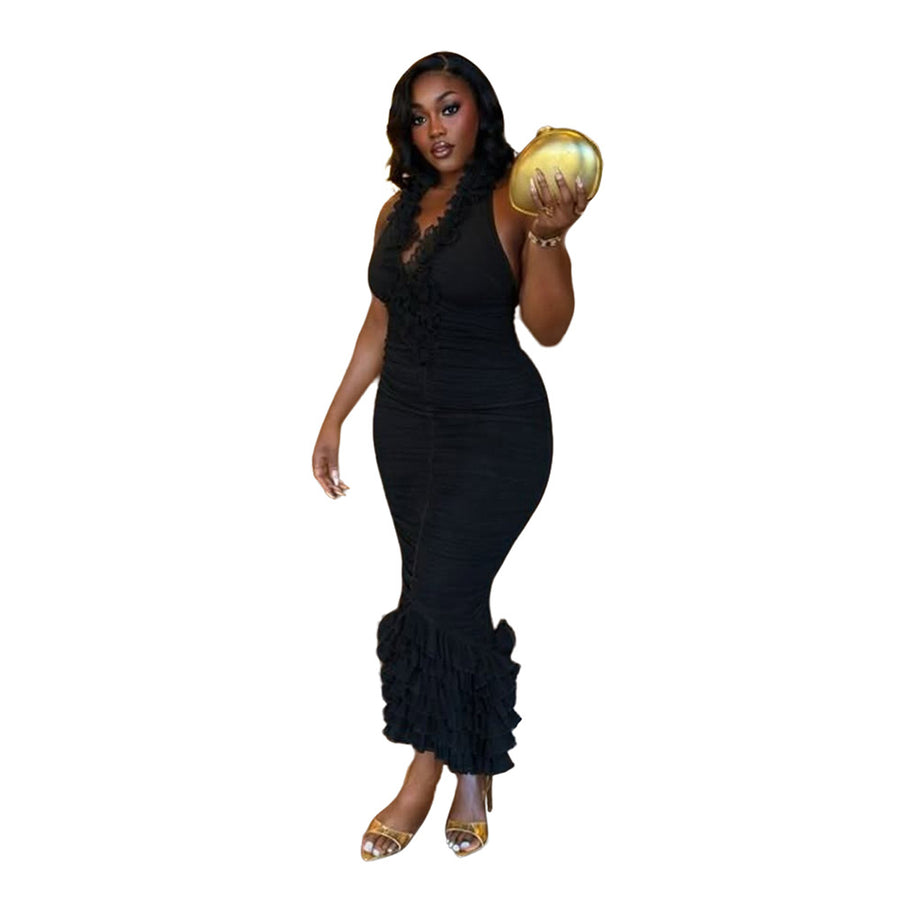 Womens Sexy Halter-neck Ruffled Dress for Effortless Style