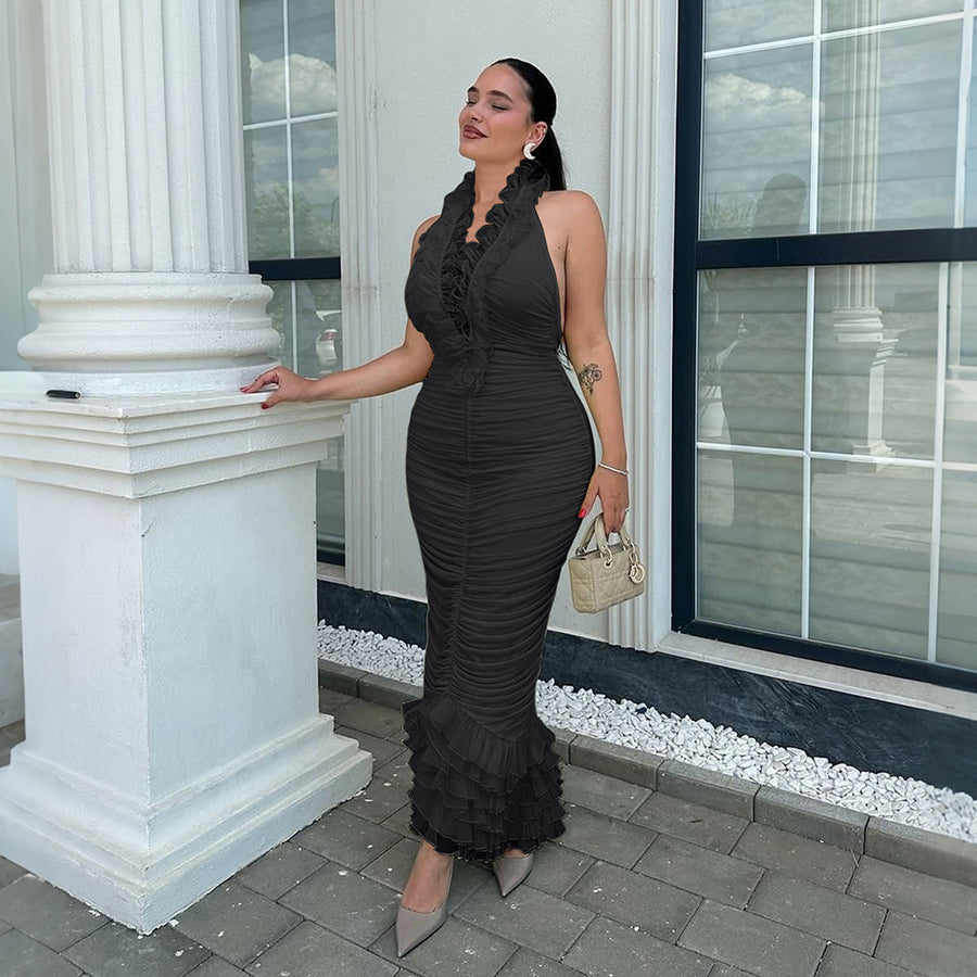 Womens Sexy Halter-neck Ruffled Dress for Effortless Style