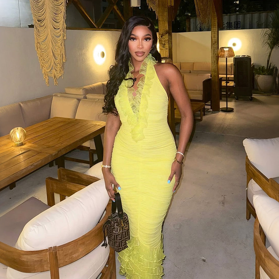 Womens Sexy Halter-neck Ruffled Dress for Effortless Style