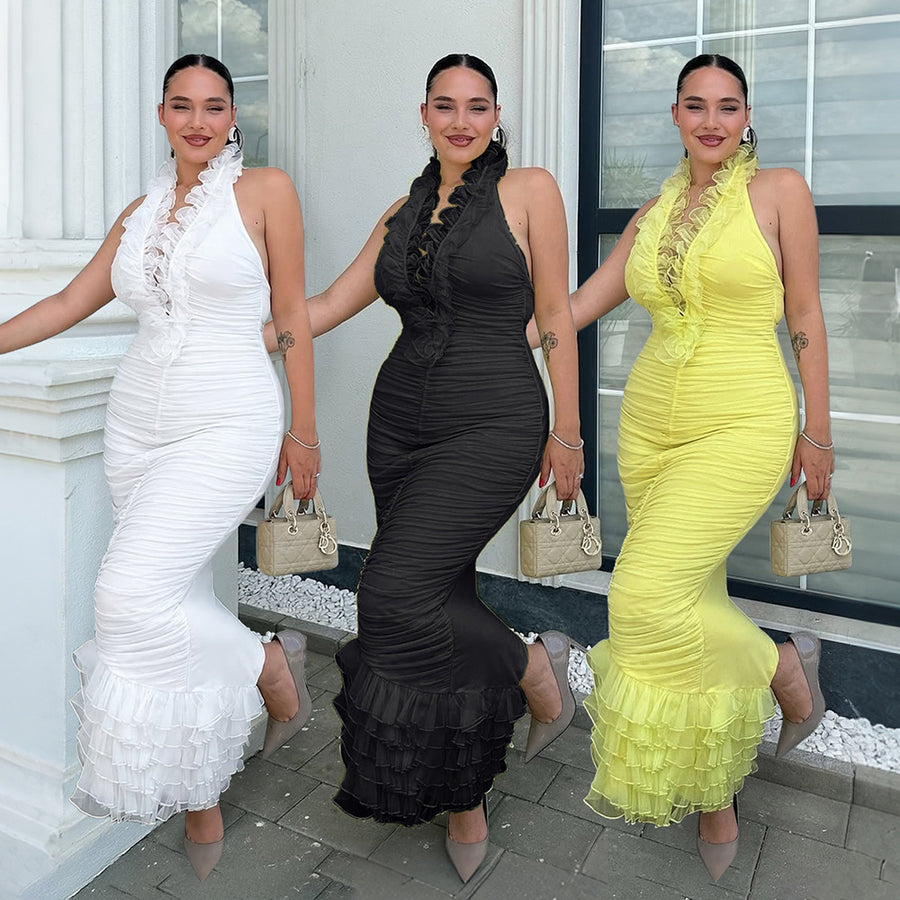 Womens Sexy Halter-neck Ruffled Dress for Effortless Style