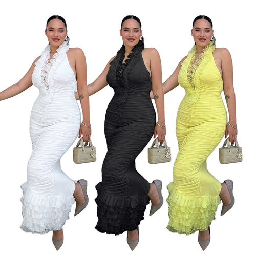 Womens Sexy Halter-neck Ruffled Dress for Effortless Style
