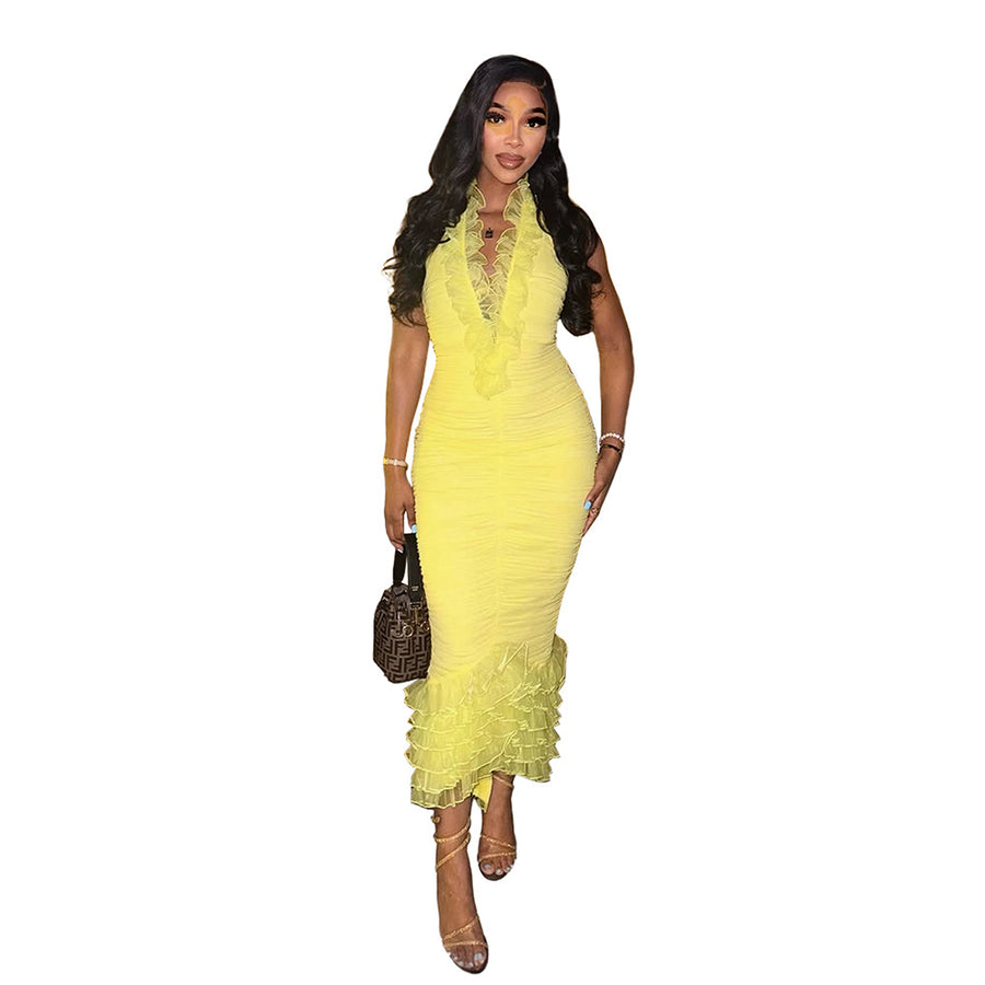 Womens Sexy Halter-neck Ruffled Dress for Effortless Style