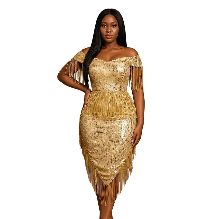 Fashionable Off-Shoulder Irregular Tassel Dress for Women