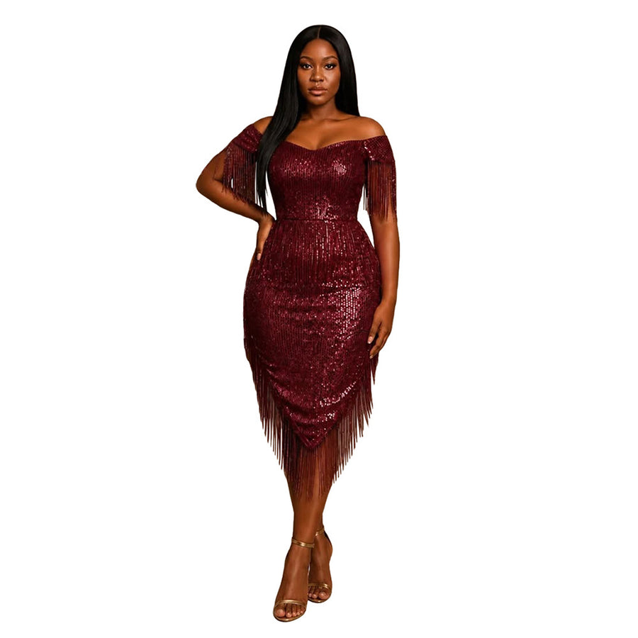 Fashionable Off-Shoulder Irregular Tassel Dress for Women