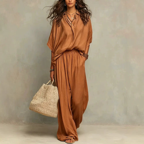 Womens Minimalist Shirt And Wide-leg Pants Set - Chic Two Piece Set