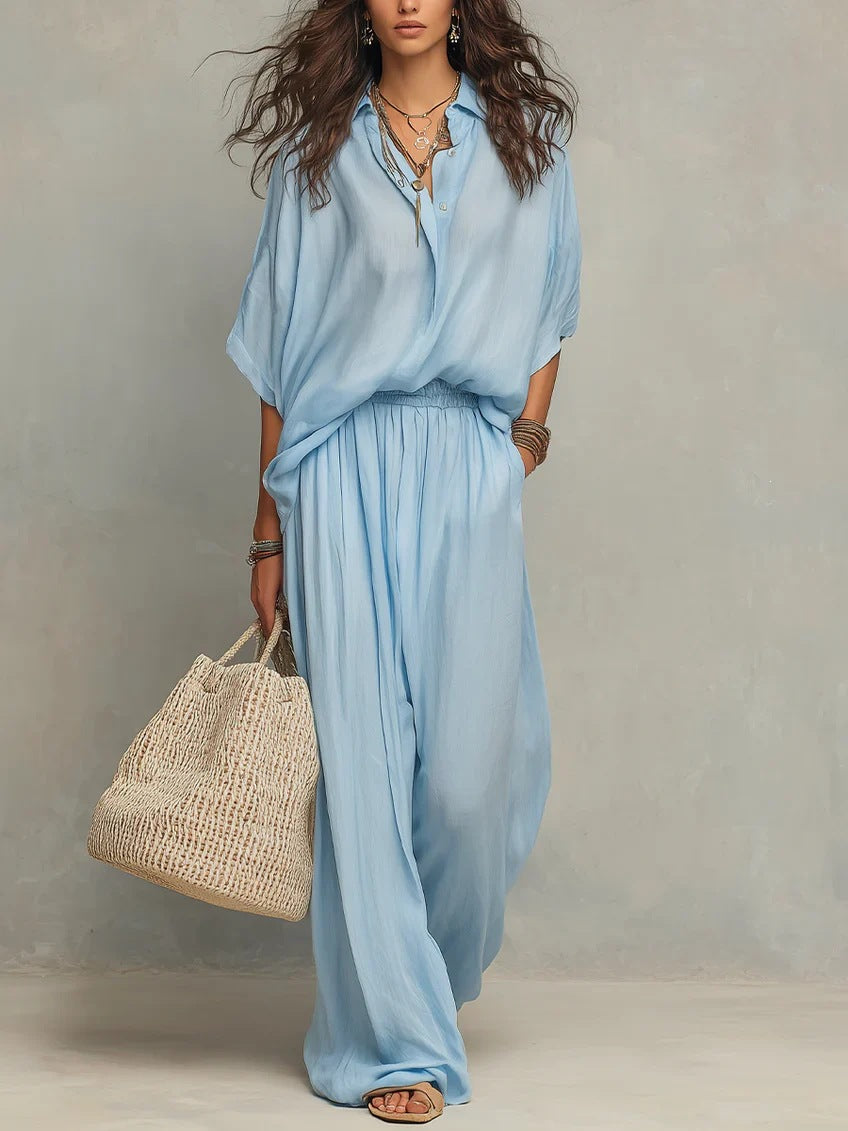 Womens Minimalist Shirt And Wide-leg Pants Set - Chic Two Piece Set
