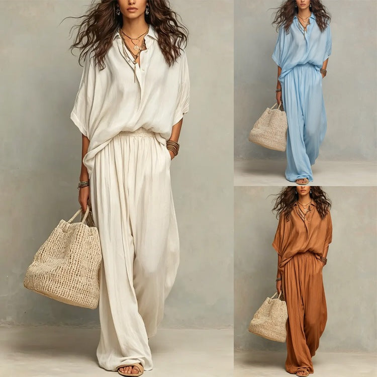 Womens Minimalist Shirt And Wide-leg Pants Set - Chic Two Piece Set