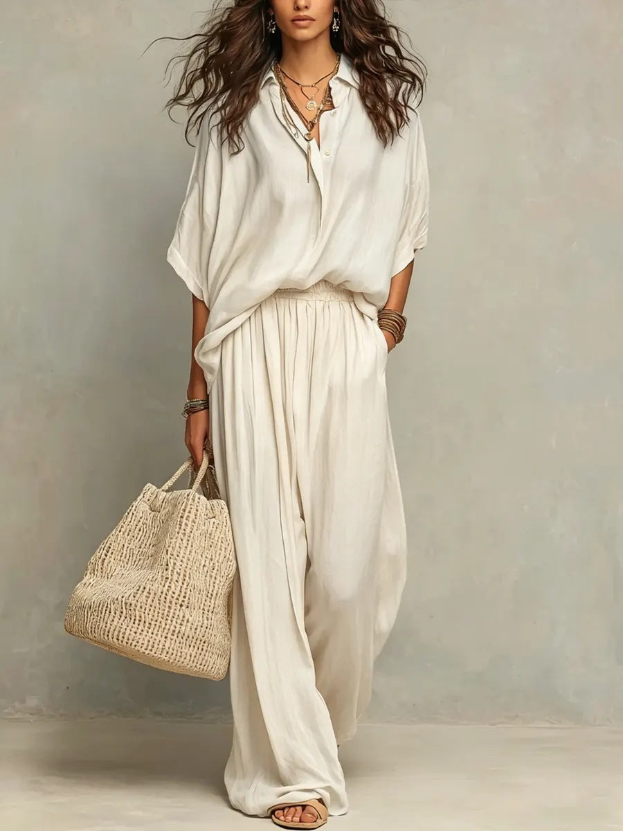Womens Minimalist Shirt And Wide-leg Pants Set - Chic Two Piece Set
