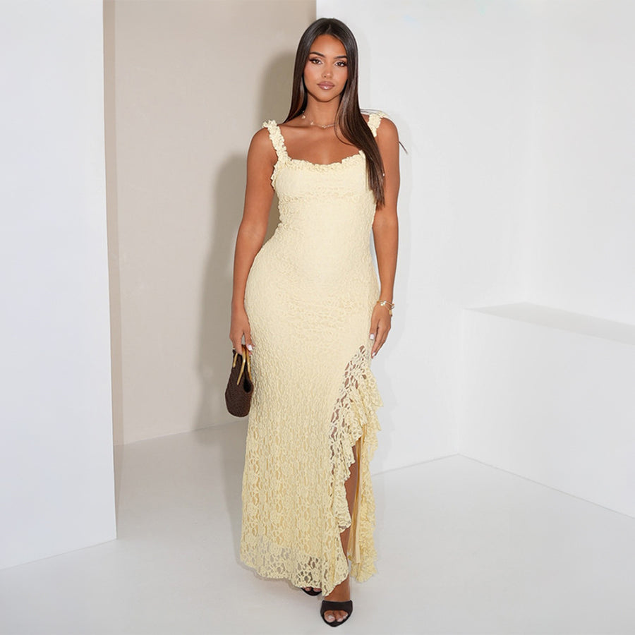 Sexy Lace-Trimmed High-Slit Strap Dress for Women