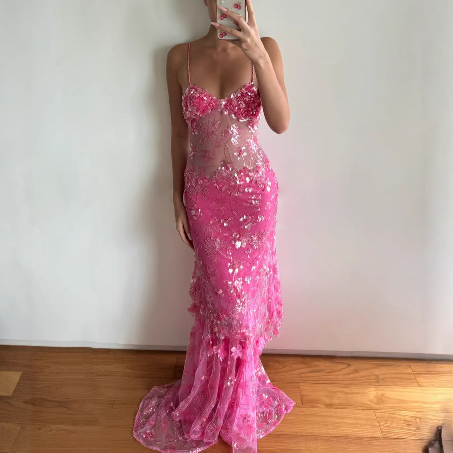 Floral Beaded Sheer Mesh Dress for Women - Elegant & Trendy