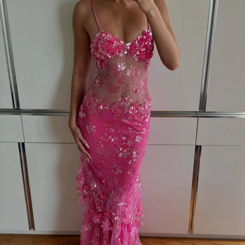 Floral Beaded Sheer Mesh Dress for Women - Elegant & Trendy
