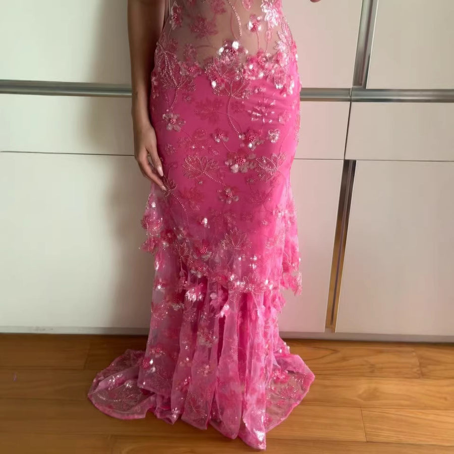 Floral Beaded Sheer Mesh Dress for Women - Elegant & Trendy