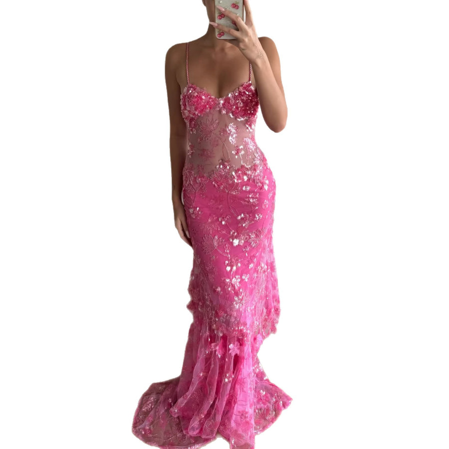 Floral Beaded Sheer Mesh Dress for Women - Elegant & Trendy