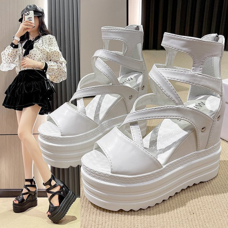Womens Thick-soled Peep-toe Shoes with Cross Straps