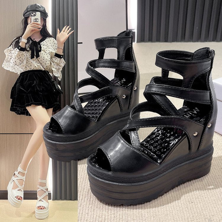 Womens Thick-soled Peep-toe Shoes with Cross Straps