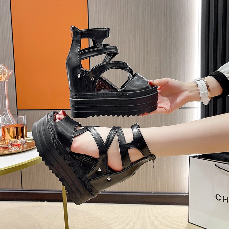 Womens Thick-soled Peep-toe Shoes with Cross Straps