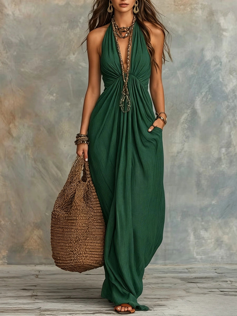 Womens Halter-Neck Solid-Color Elegant Fashion Dress