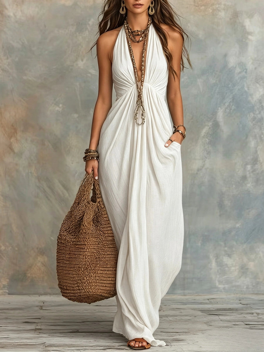 Womens Halter-Neck Solid-Color Elegant Fashion Dress