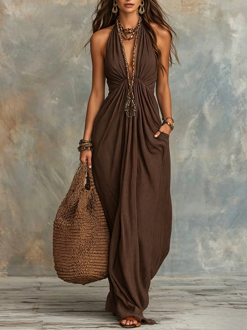 Womens Halter-Neck Solid-Color Elegant Fashion Dress