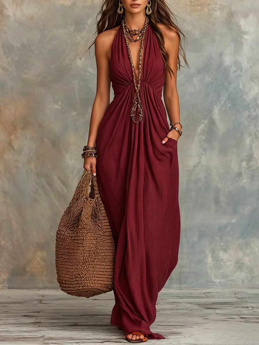 Womens Halter-Neck Solid-Color Elegant Fashion Dress