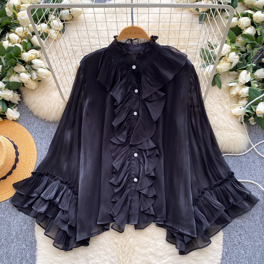 Womens Solid-Color Loose-Fit Ruffled-Edge Blouse