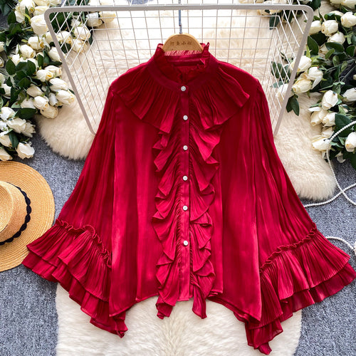 Womens Solid-Color Loose-Fit Ruffled-Edge Blouse