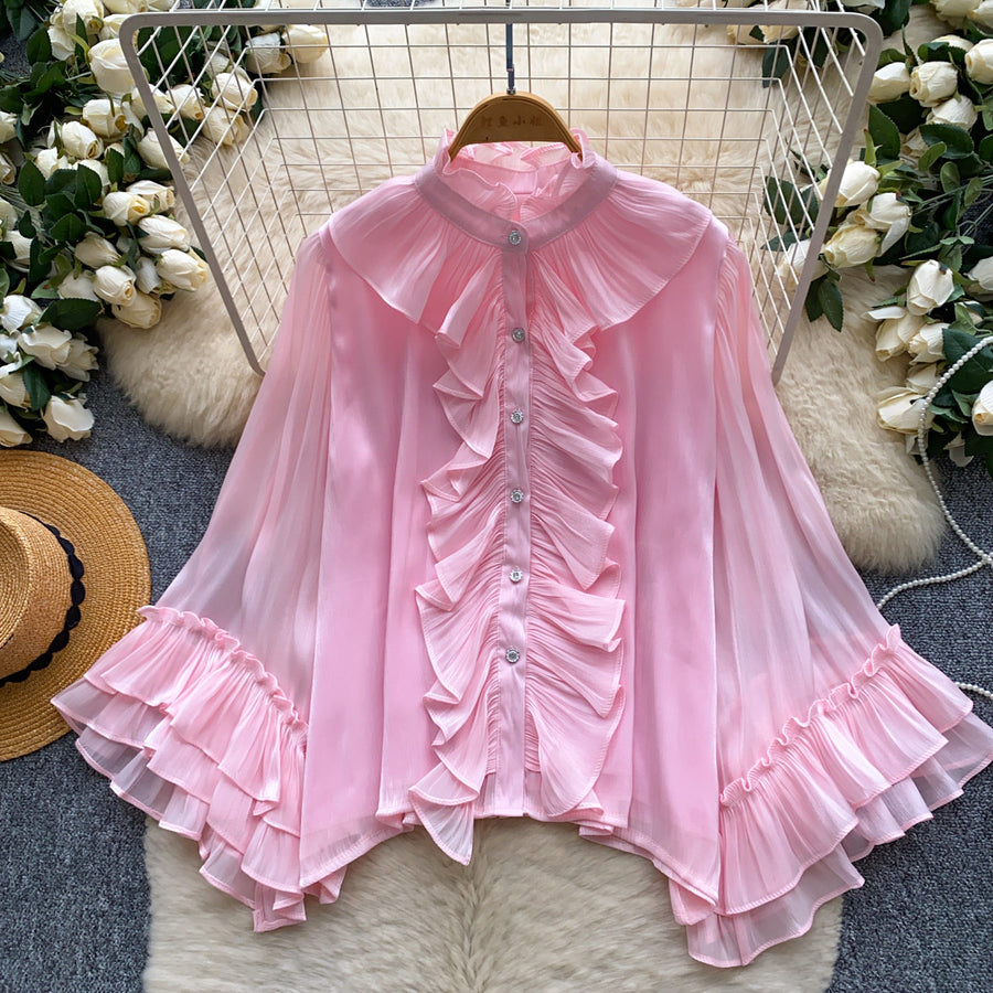 Womens Solid-Color Loose-Fit Ruffled-Edge Blouse