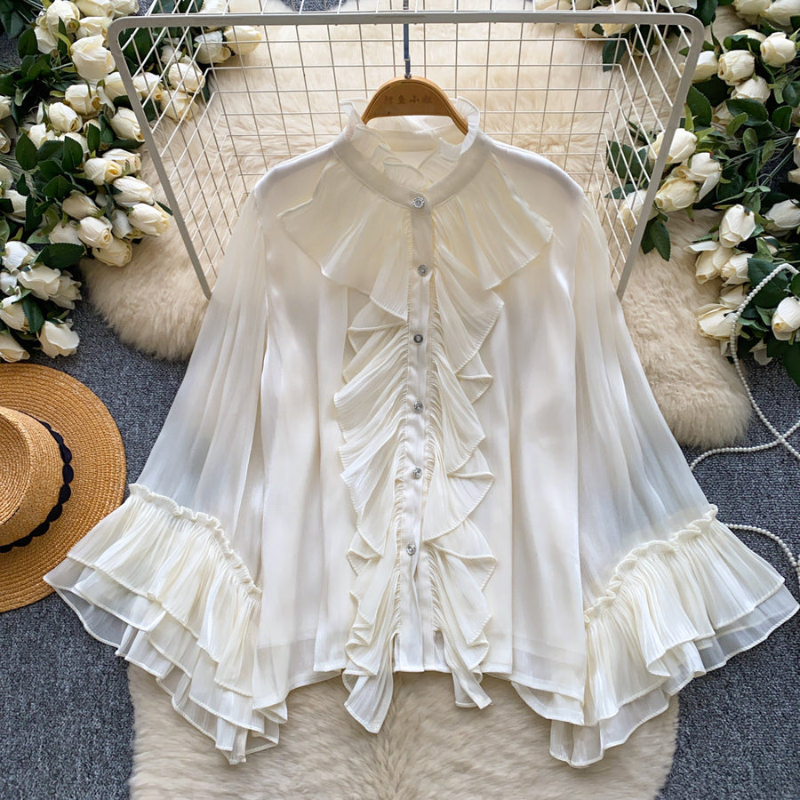 Womens Solid-Color Loose-Fit Ruffled-Edge Blouse