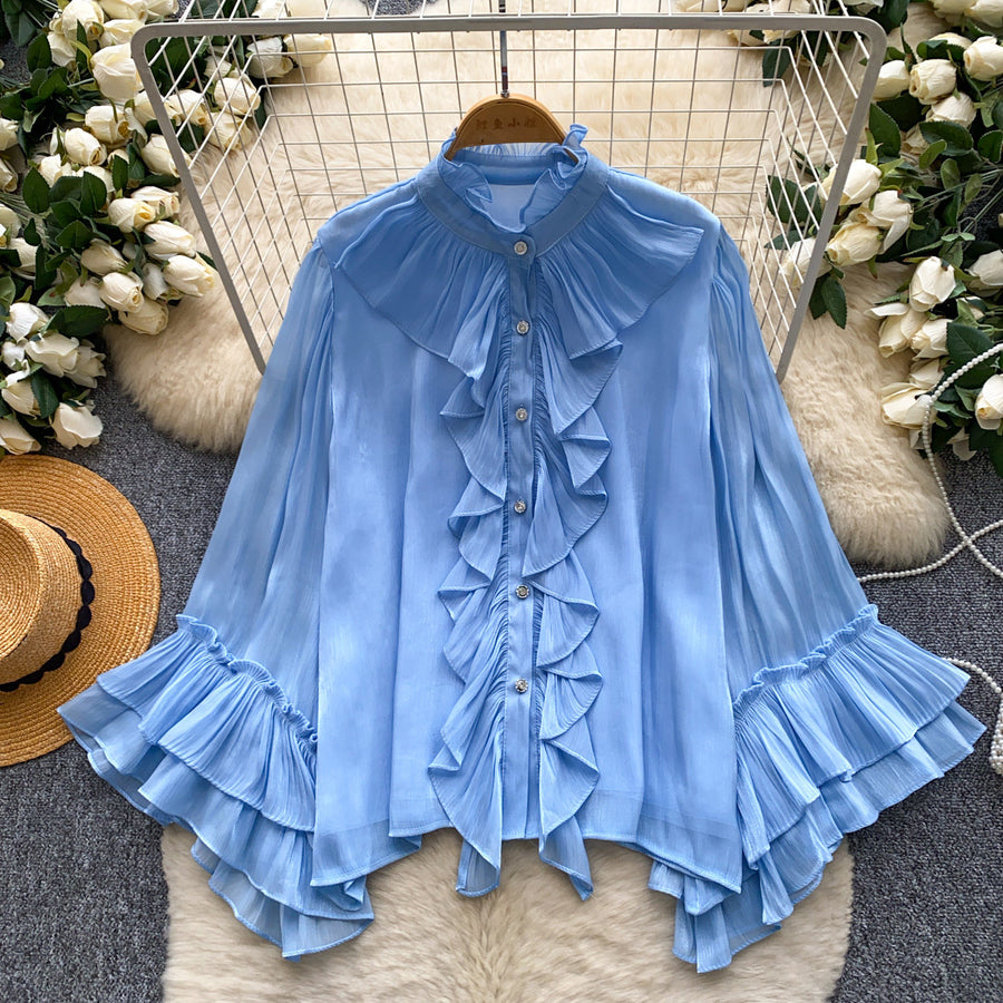 Womens Solid-Color Loose-Fit Ruffled-Edge Blouse
