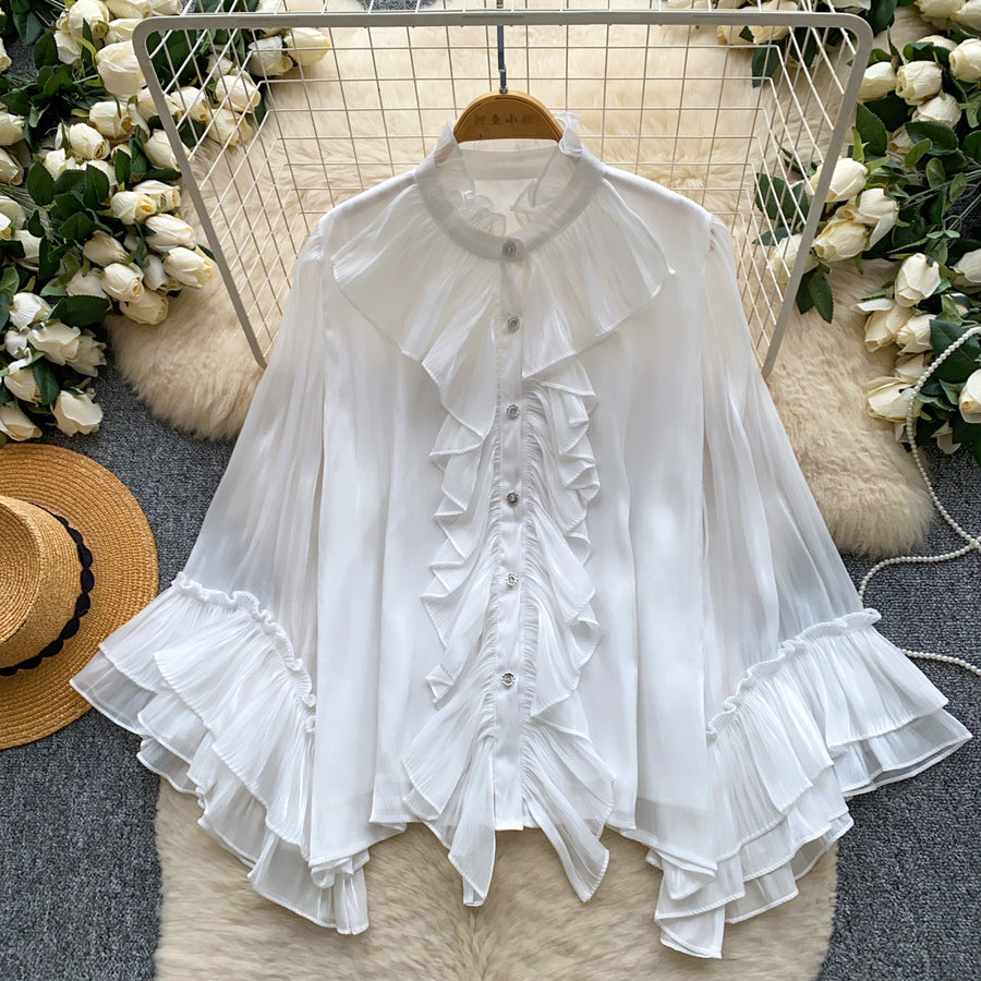 Womens Solid-Color Loose-Fit Ruffled-Edge Blouse
