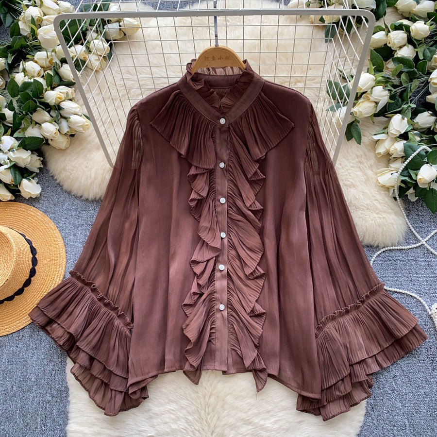 Womens Solid-Color Loose-Fit Ruffled-Edge Blouse