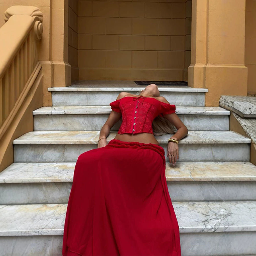 Lace-up Top And Ruffled Belted Maxi Dress Set for Effortless Style