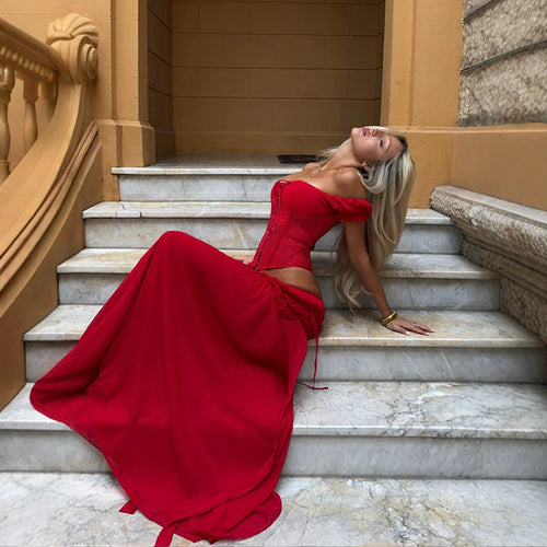 Lace-up Top And Ruffled Belted Maxi Dress Set for Effortless Style