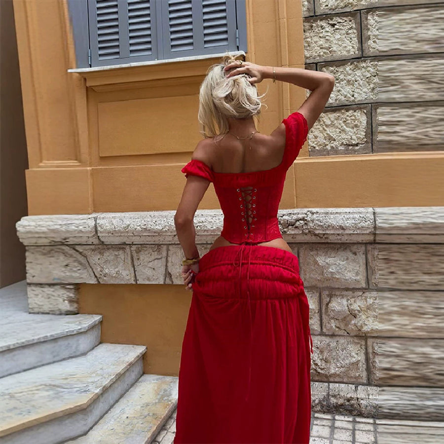 Lace-up Top And Ruffled Belted Maxi Dress Set for Effortless Style
