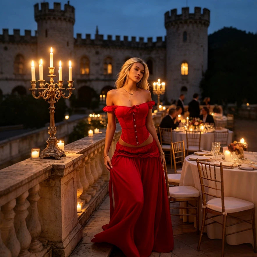 Lace-up Top And Ruffled Belted Maxi Dress Set for Effortless Style