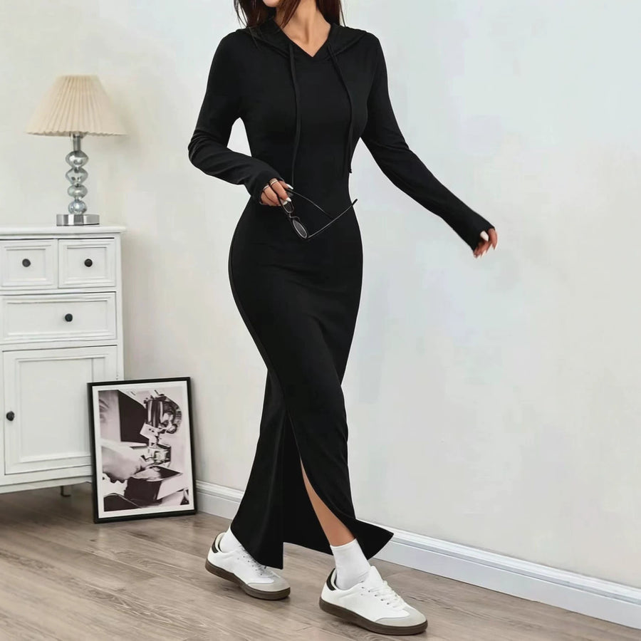 Womens Solid-color Casual Sheath Dress with Long Sleeves