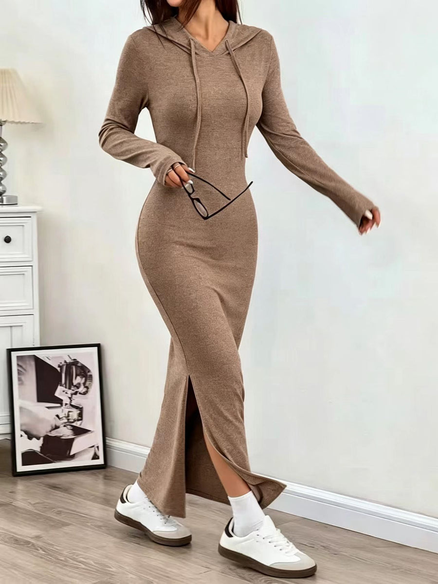 Womens Solid-color Casual Sheath Dress with Long Sleeves
