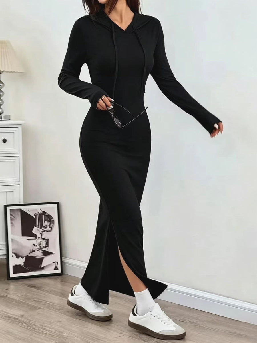 Womens Solid-color Casual Sheath Dress with Long Sleeves