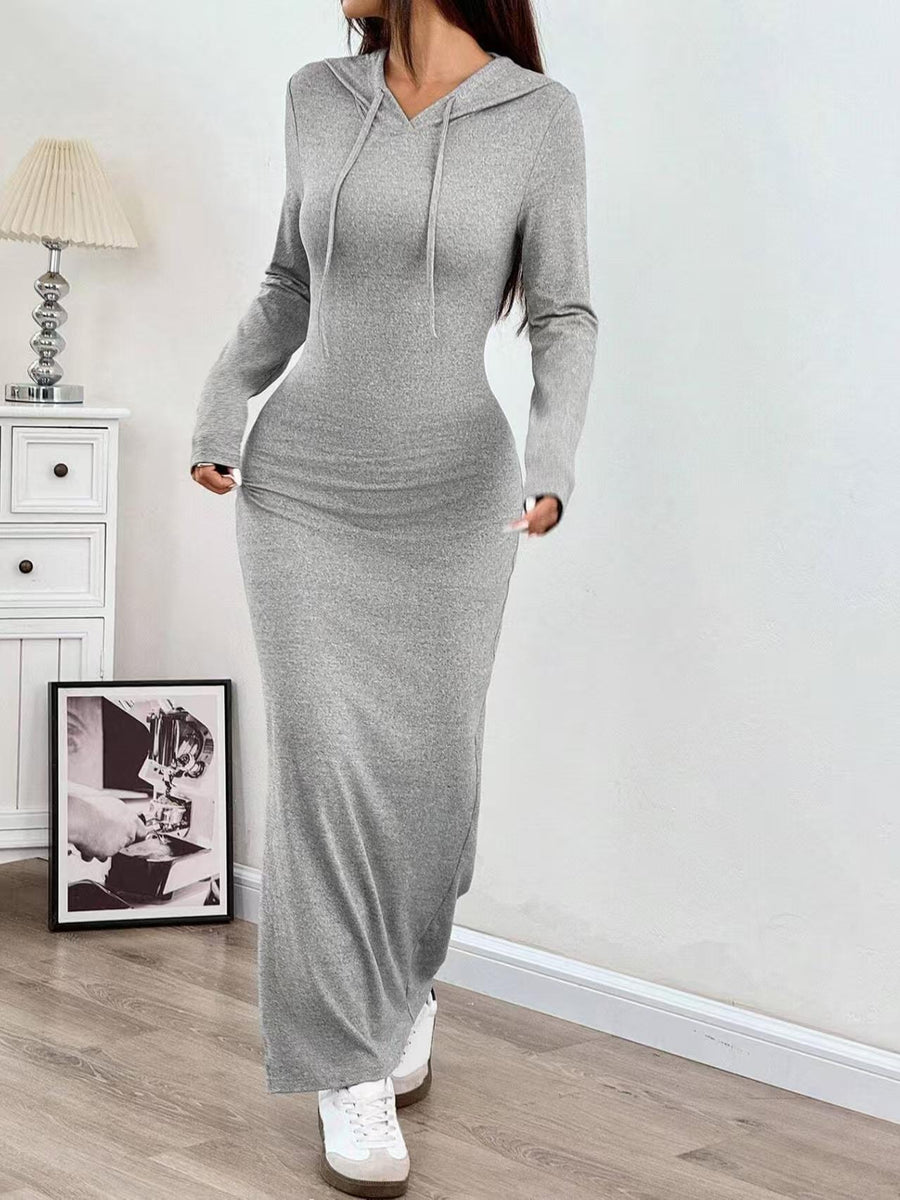 Womens Solid-color Casual Sheath Dress with Long Sleeves