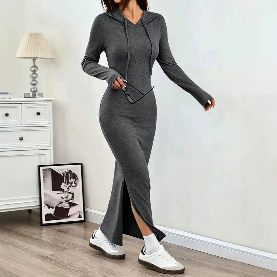 Womens Solid-color Casual Sheath Dress with Long Sleeves