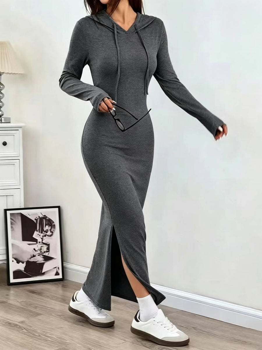 Womens Solid-color Casual Sheath Dress with Long Sleeves