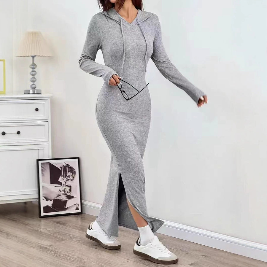 Womens Solid-color Casual Sheath Dress with Long Sleeves
