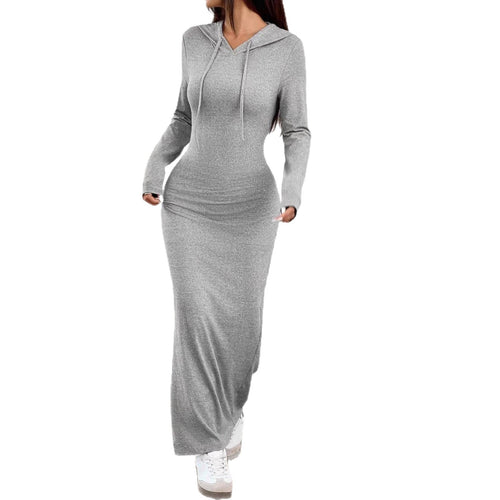 Womens Solid-color Casual Sheath Dress with Long Sleeves