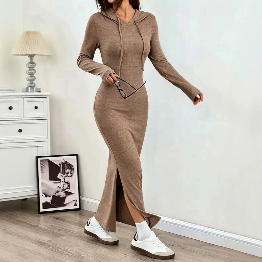 Womens Solid-color Casual Sheath Dress with Long Sleeves
