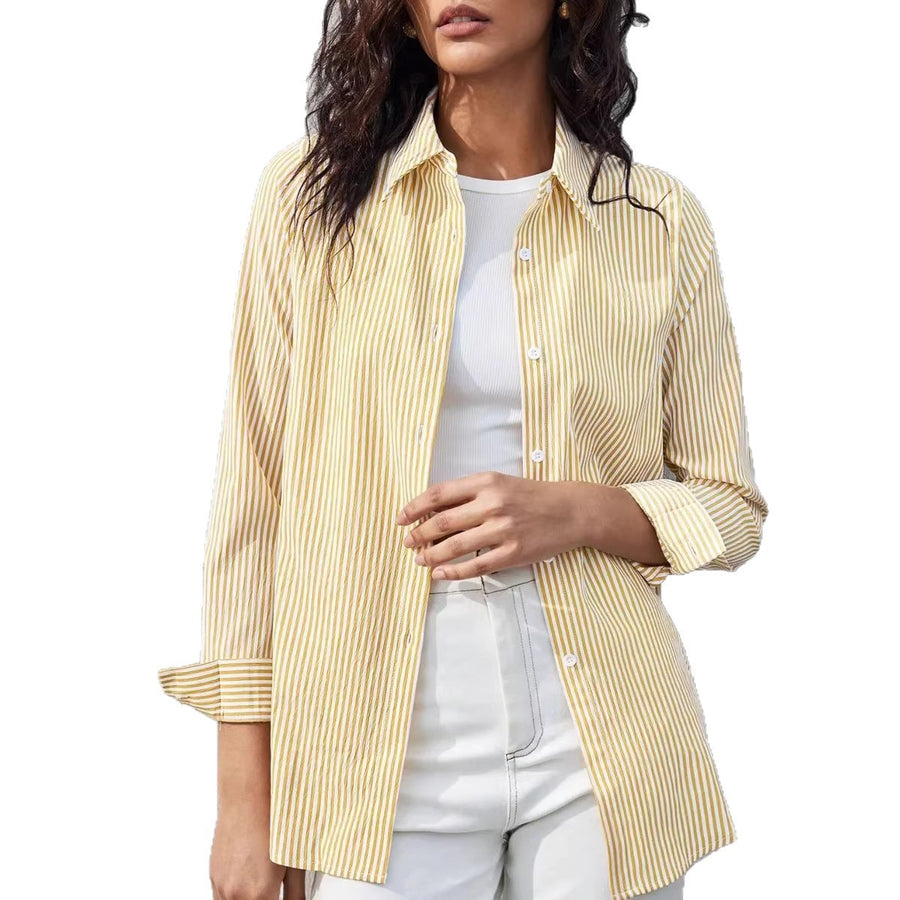 Womens Striped Blouse with Bell Sleeves & Lace Trim