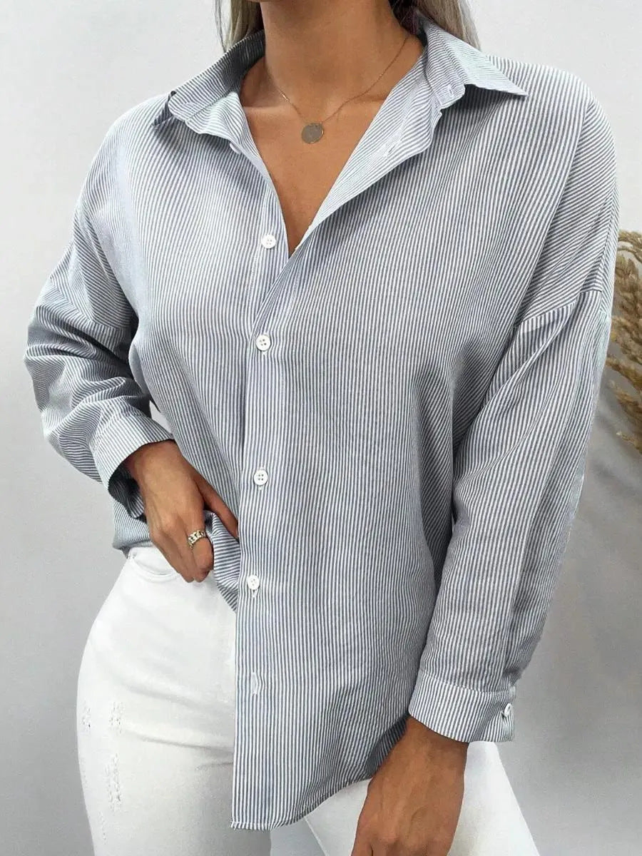 Womens Striped Blouse with Bell Sleeves & Lace Trim